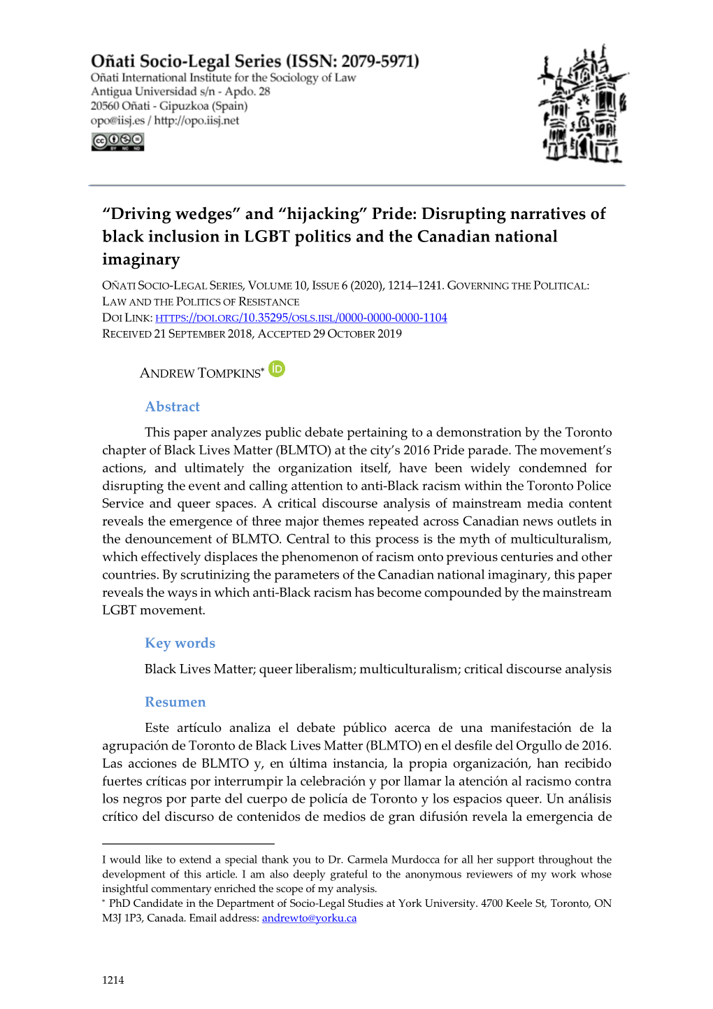 “Hijacking” Pride: Disrupting Narratives of Black Inclusion in LGBT Politics and the Canadian National Imaginary