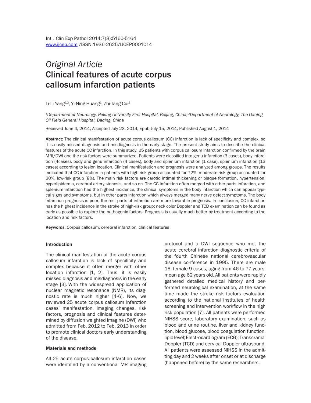 Original Article Clinical Features of Acute Corpus Callosum Infarction Patients