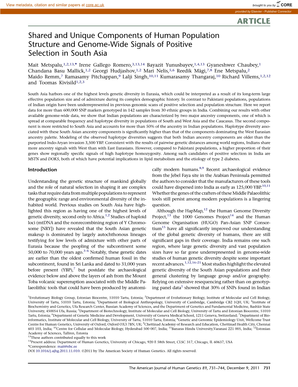 Shared and Unique Components of Human Population Structure and Genome-Wide Signals of Positive Selection in South Asia