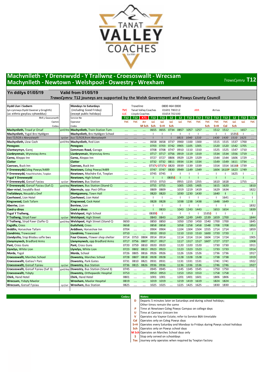 Wrecsam Machynlleth - Newtown - Welshpool - Oswestry - Wrexham Trawscymru T12