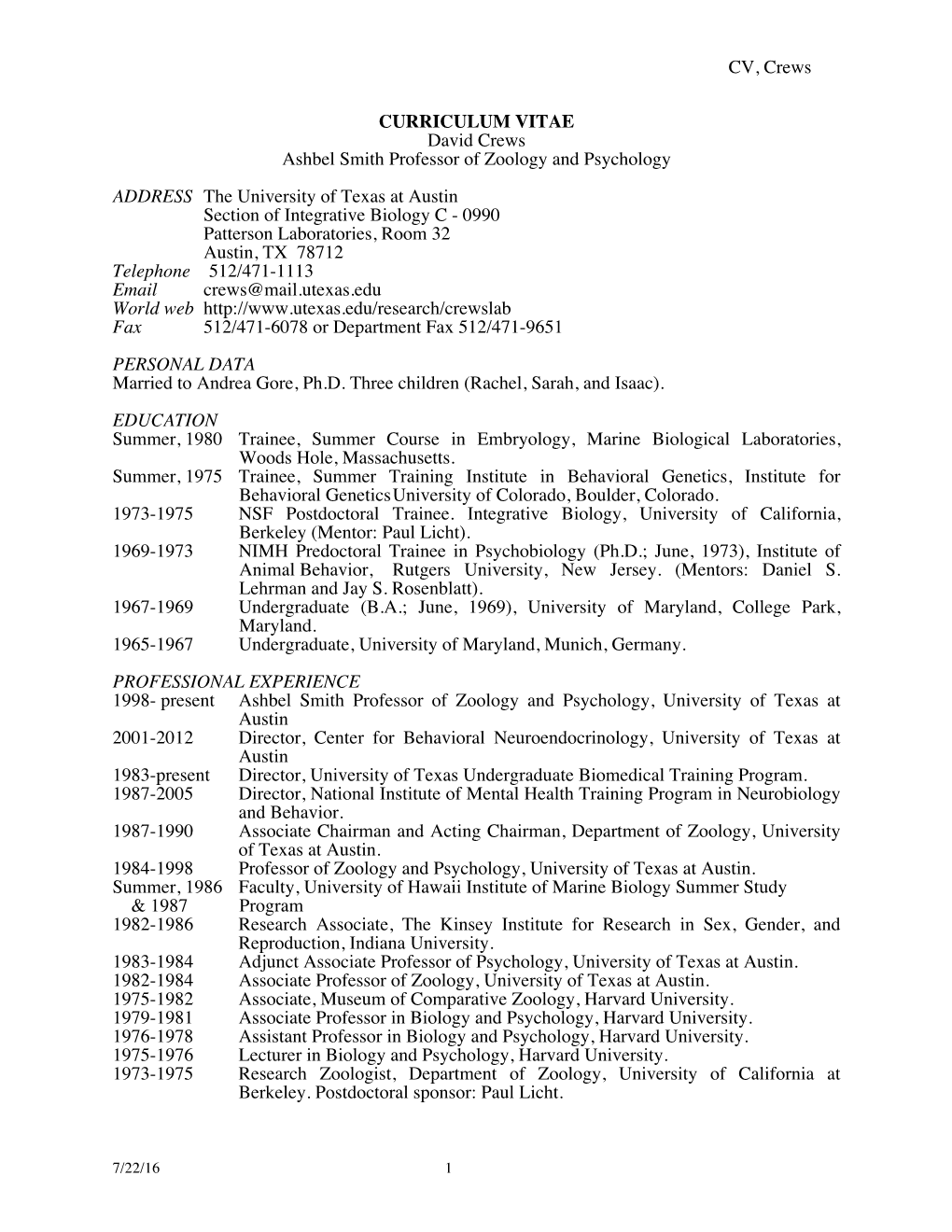 CV, Crews CURRICULUM VITAE David Crews Ashbel Smith