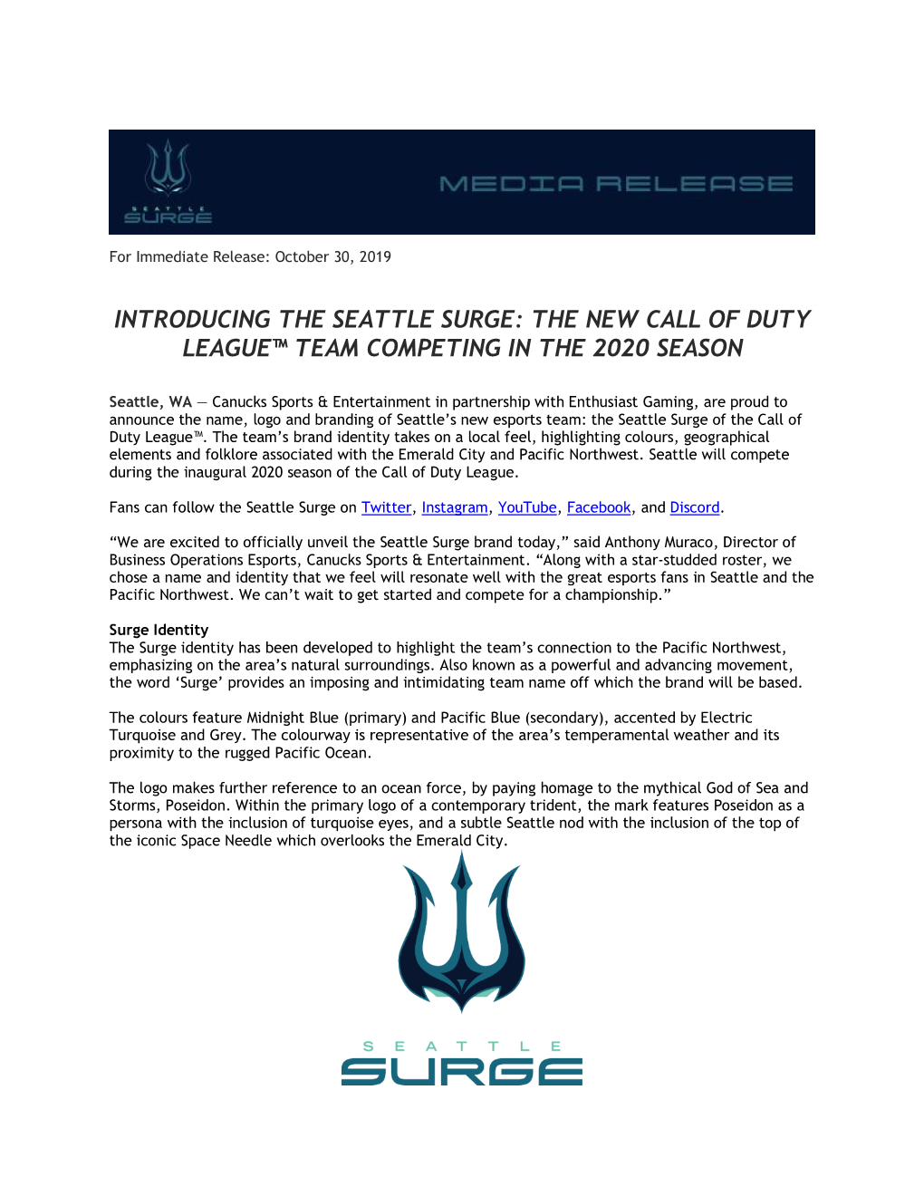 Introducing the Seattle Surge: the New Call of Duty League™ Team Competing in the 2020 Season