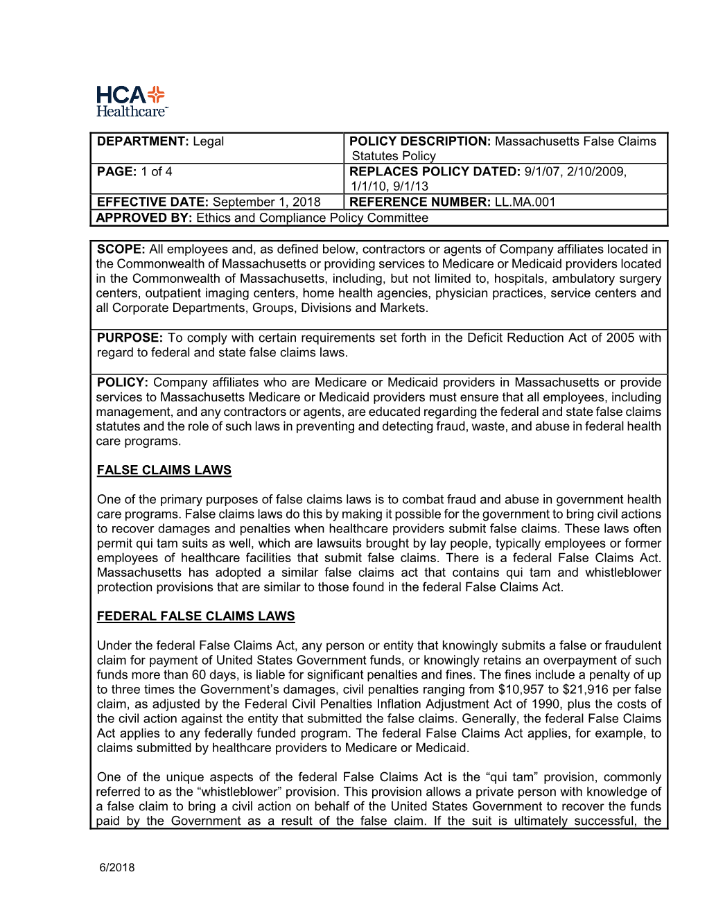 Massachusetts False Claims Statutes Policy