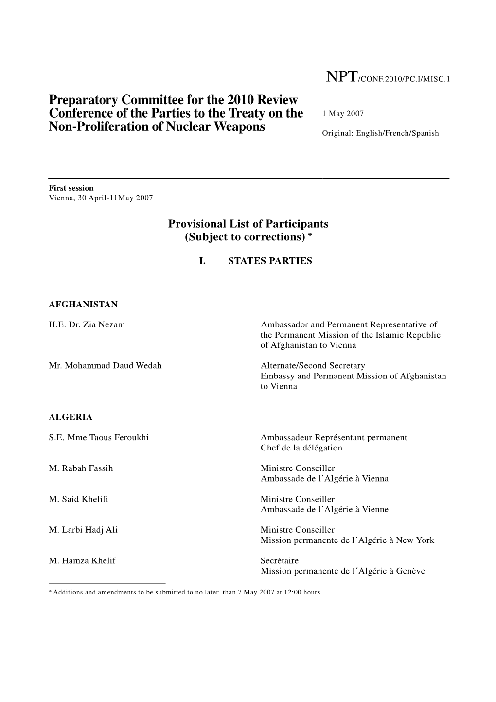 Preparatory Committee for the 2010 Review Conference of the Parties to the Treaty on the Non-Proliferation of Nuclear Weapons