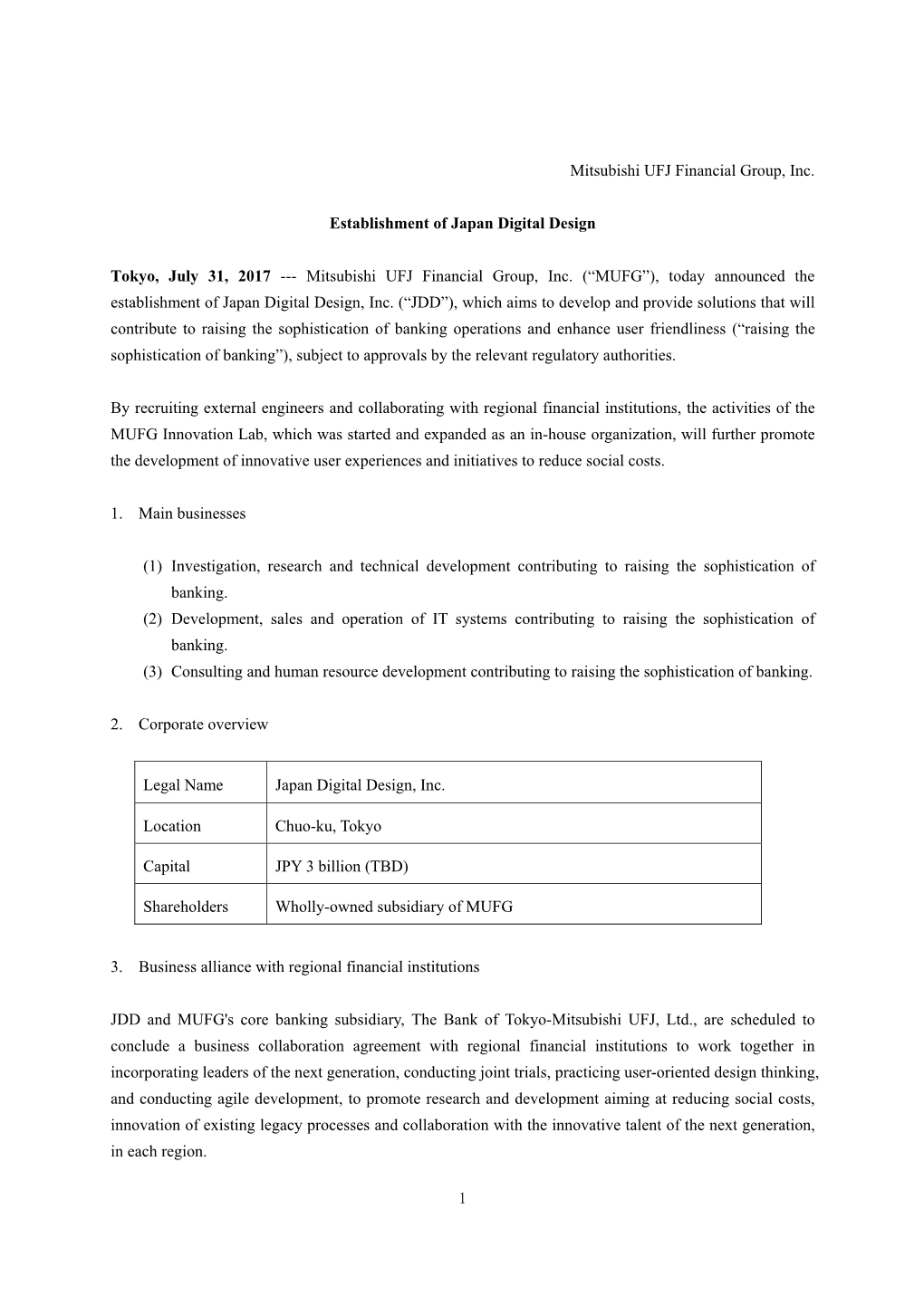 1 Mitsubishi UFJ Financial Group, Inc. Establishment of Japan Digital