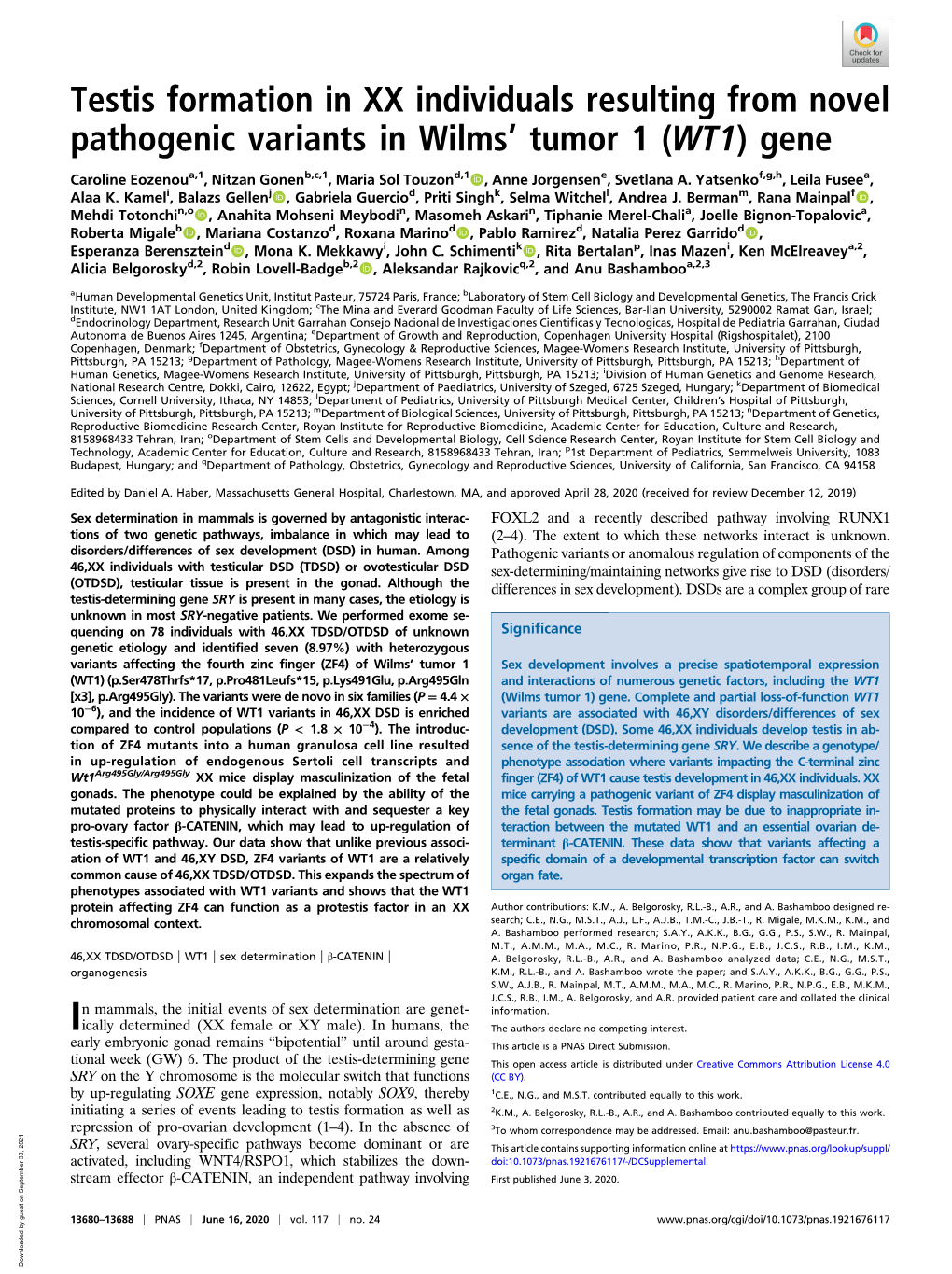 Testis Formation in XX Individuals Resulting from Novel Pathogenic Variants in Wilms’ Tumor 1 (WT1) Gene