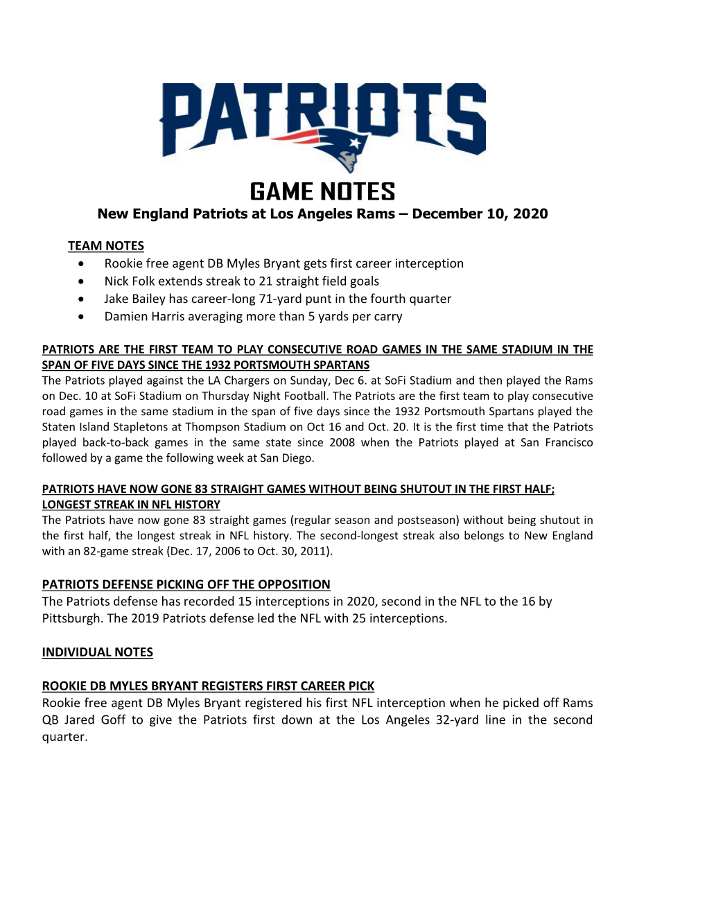 Patriots at Philadelphia Game Notes