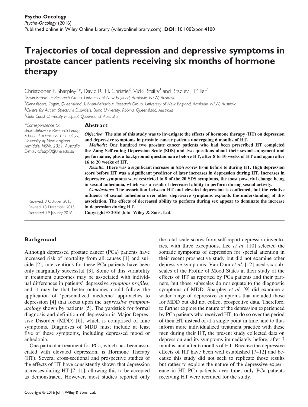 Trajectories of Total Depression and Depressive Symptoms in Prostate Cancer Patients Receiving Six Months of Hormone Therapy