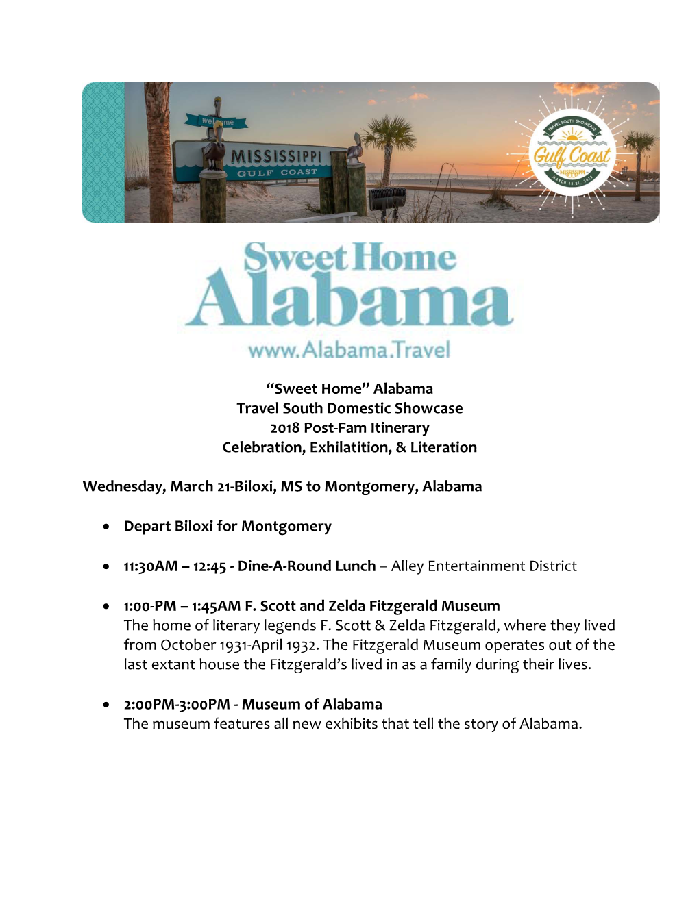 Alabama Travel South Domestic Showcase 2018 Post-Fam Itinerary