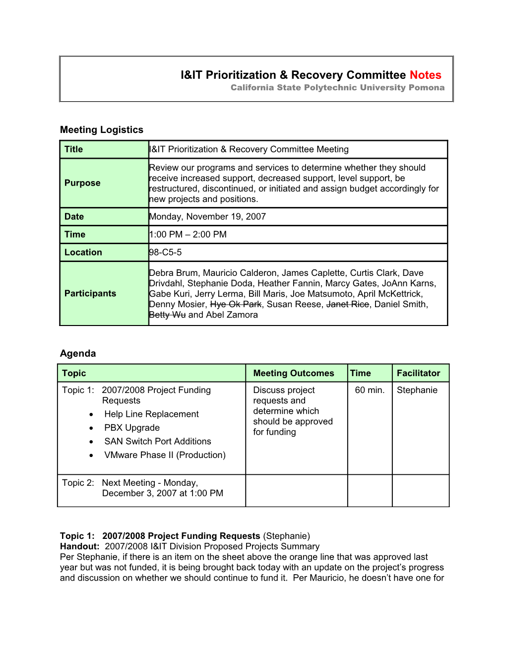 I&IT Managers Meeting Agenda