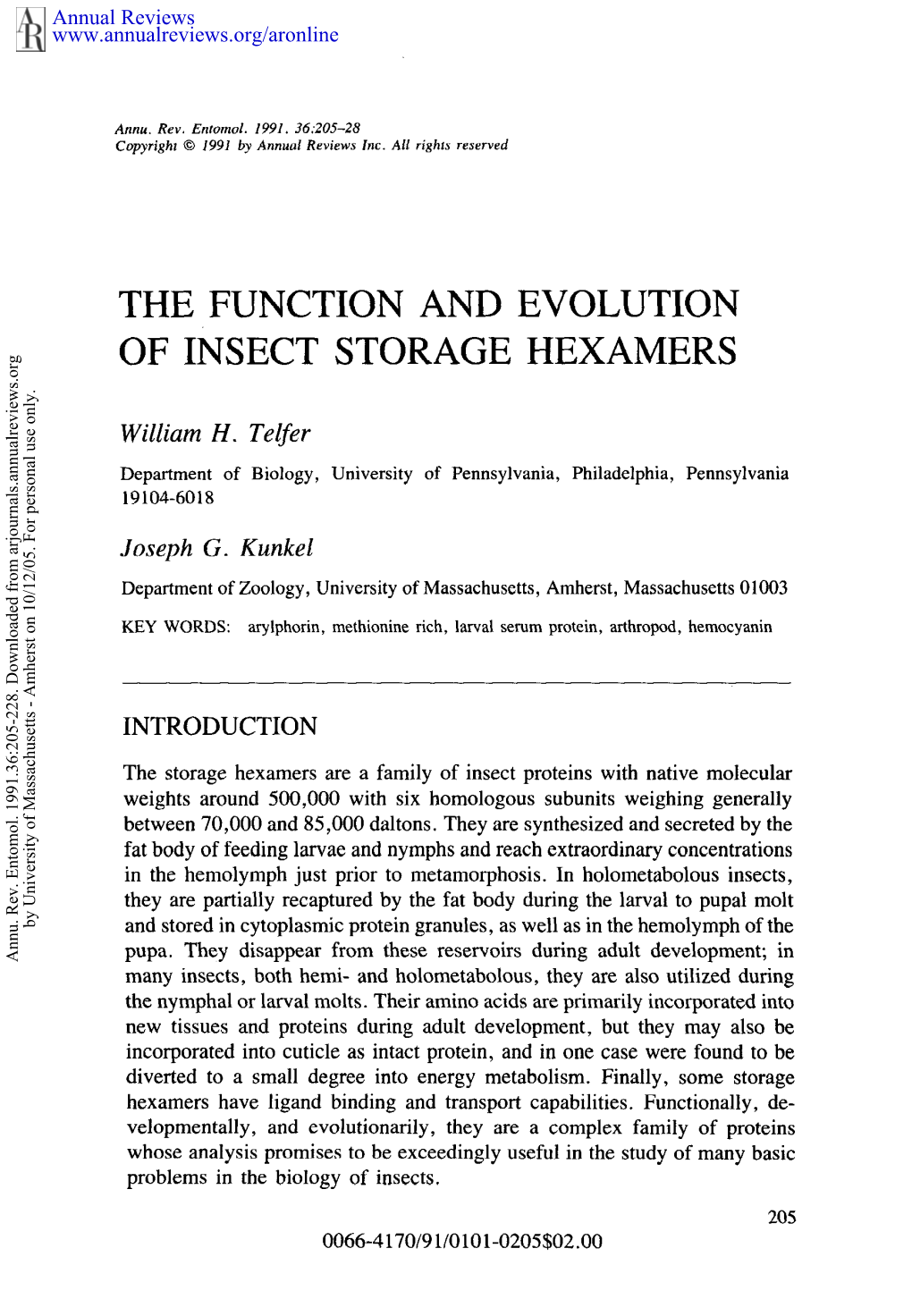 The Function and Evolution of Insect Storage Hexamers