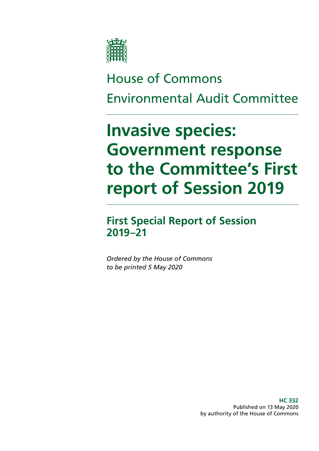 Invasive Species: Government Response to the Committee’S First Report of Session 2019