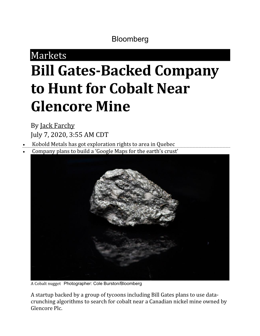 Bill Gates-Backed Company to Hunt for Cobalt Near Glencore Mine