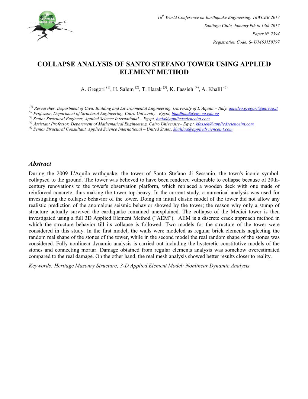 Collapse Analysis of Santo Stefano Tower Using Applied Element Method