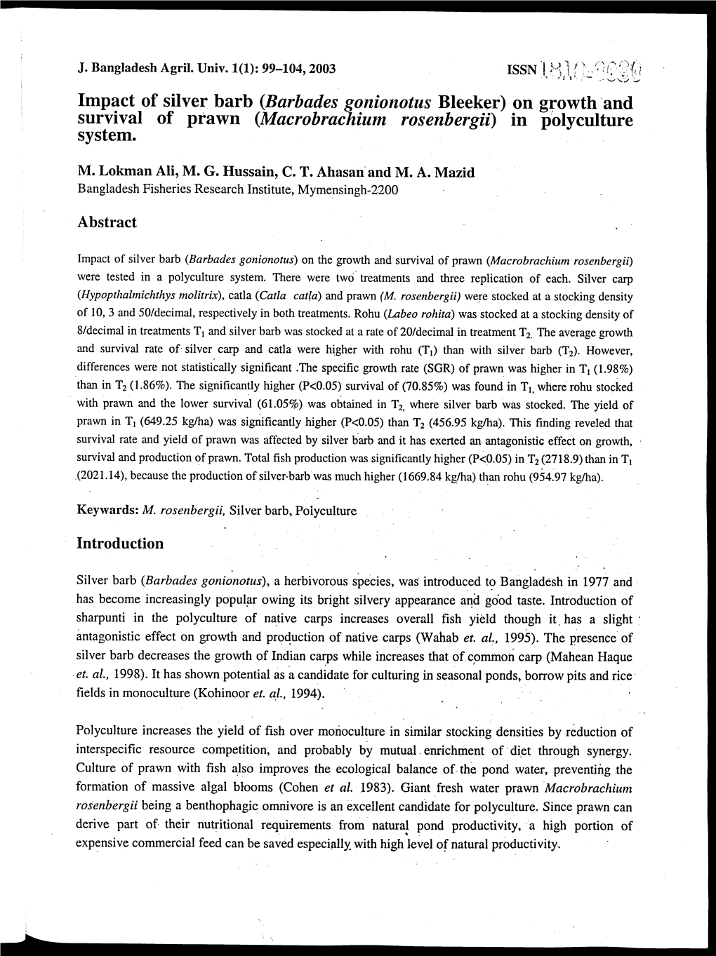 Impact of Silver Barb (Barbades Gonionotus Bleeker) on Growth and Survival of Prawn (Macrobrachium Rosenbergii) in Polyculture System