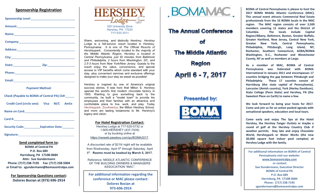 Sponsorship Registration BOMA of Central Pennsylvania Is Please to Host the 2017 BOMA Middle Atlantic Conference (MAC)