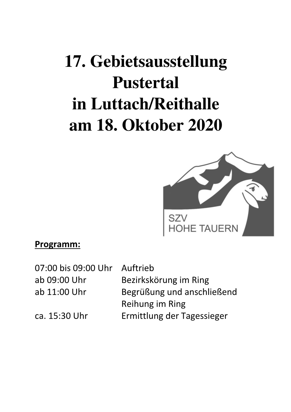 17. Gebietsausstellung Pustertal in Luttach/Reithalle Am 18. Oktober 2020