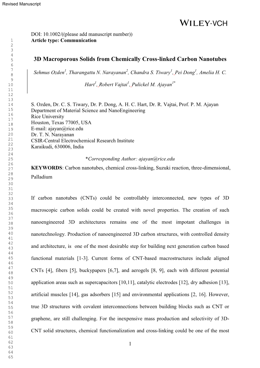 3D Macroporous Solids from Chemically Cross-Linked Carbon Nanotubes 6 7 Sehmus Ozden1, Tharangattu N