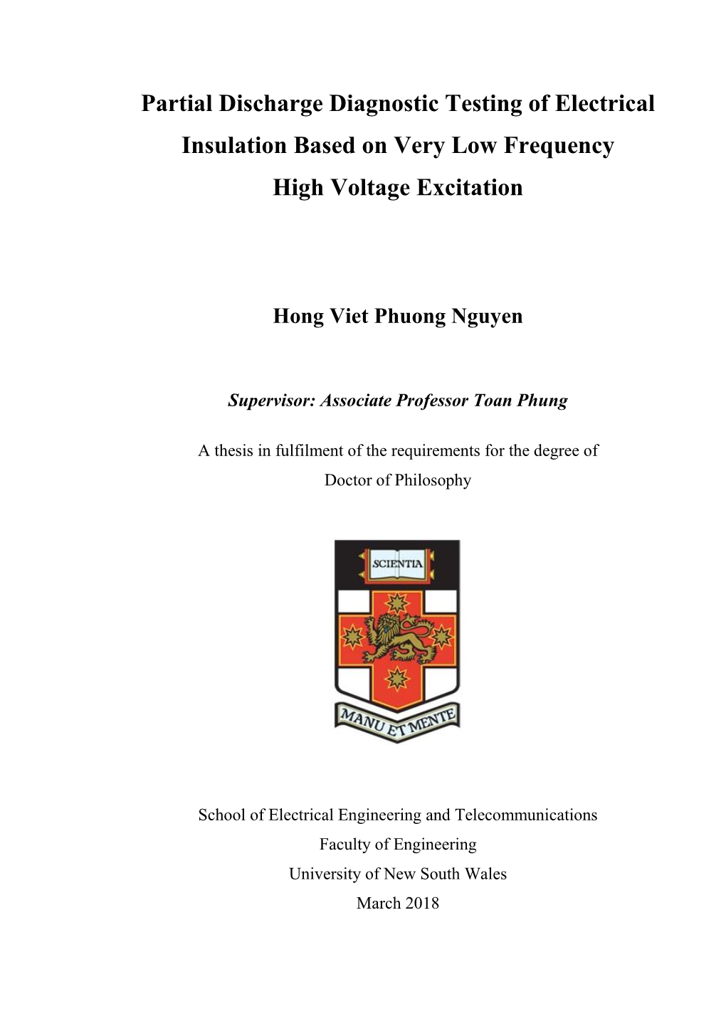 Partial Discharge Diagnostic Testing of Electrical Insulation Based on Very Low Frequency High Voltage Excitation