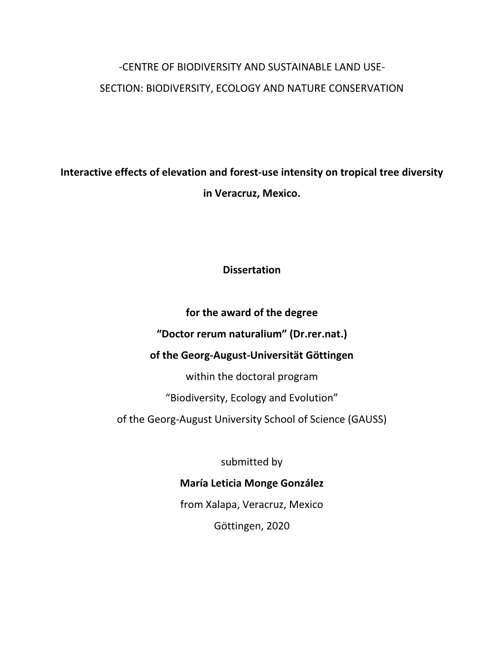 Centre of Biodiversity and Sustainable Land Use- Section: Biodiversity, Ecology and Nature Conservation