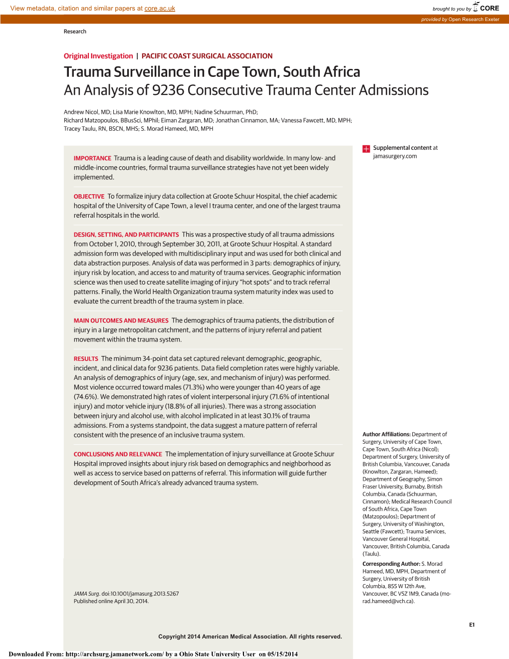 Trauma Surveillance in Cape Town, South Africa an Analysis of 9236 Consecutive Trauma Center Admissions