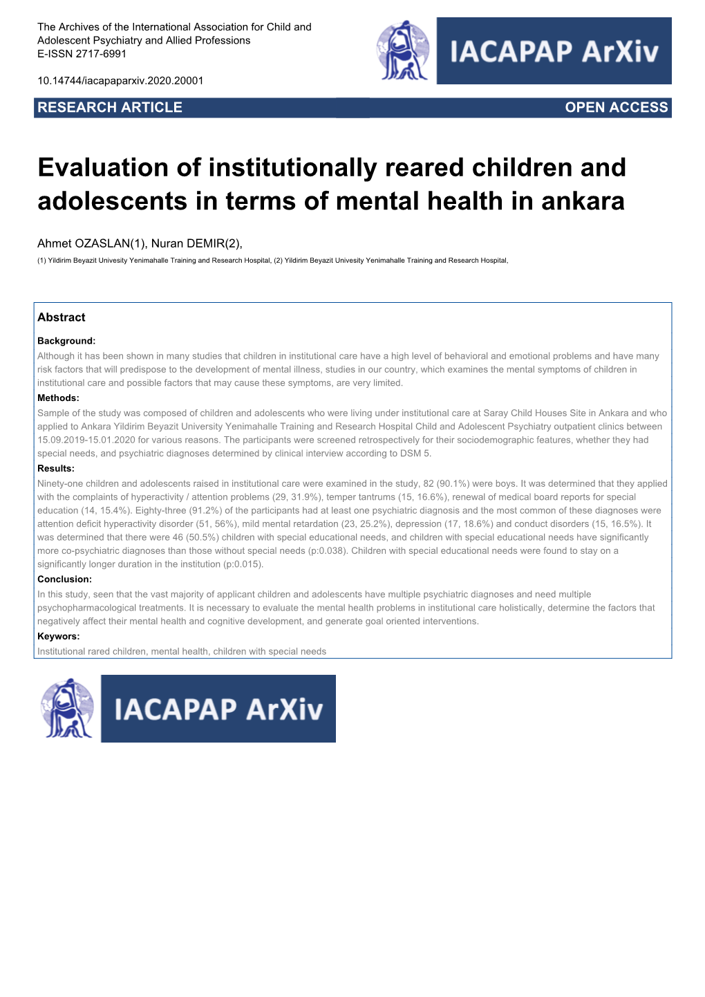 Evaluation of Institutionally Reared Children and Adolescents in Terms of Mental Health in Ankara