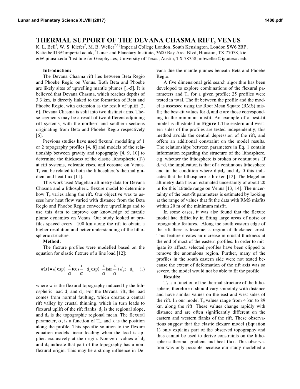 Thermal Support of the Devana Chasma Rift, Venus K