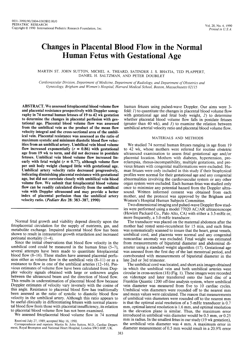 Changes in Placental Blood Flow in the Normal Human Fetus with Gestational Age