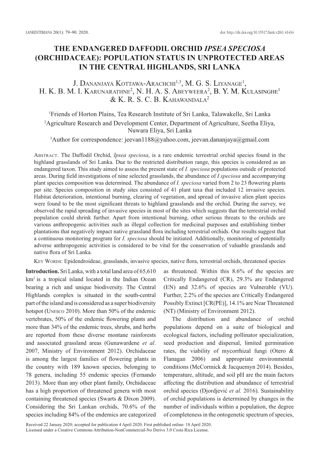 The Endangered Daffodil Orchid Ipsea Speciosa (Orchidaceae): Population Status in Unprotected Areas in the Central Highlands, Sri Lanka