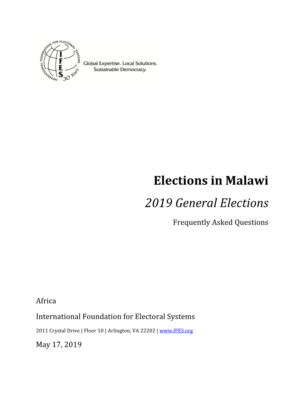 IFES, Faqs, 'Elections in Malawi: 2019 General Elections', May 2019