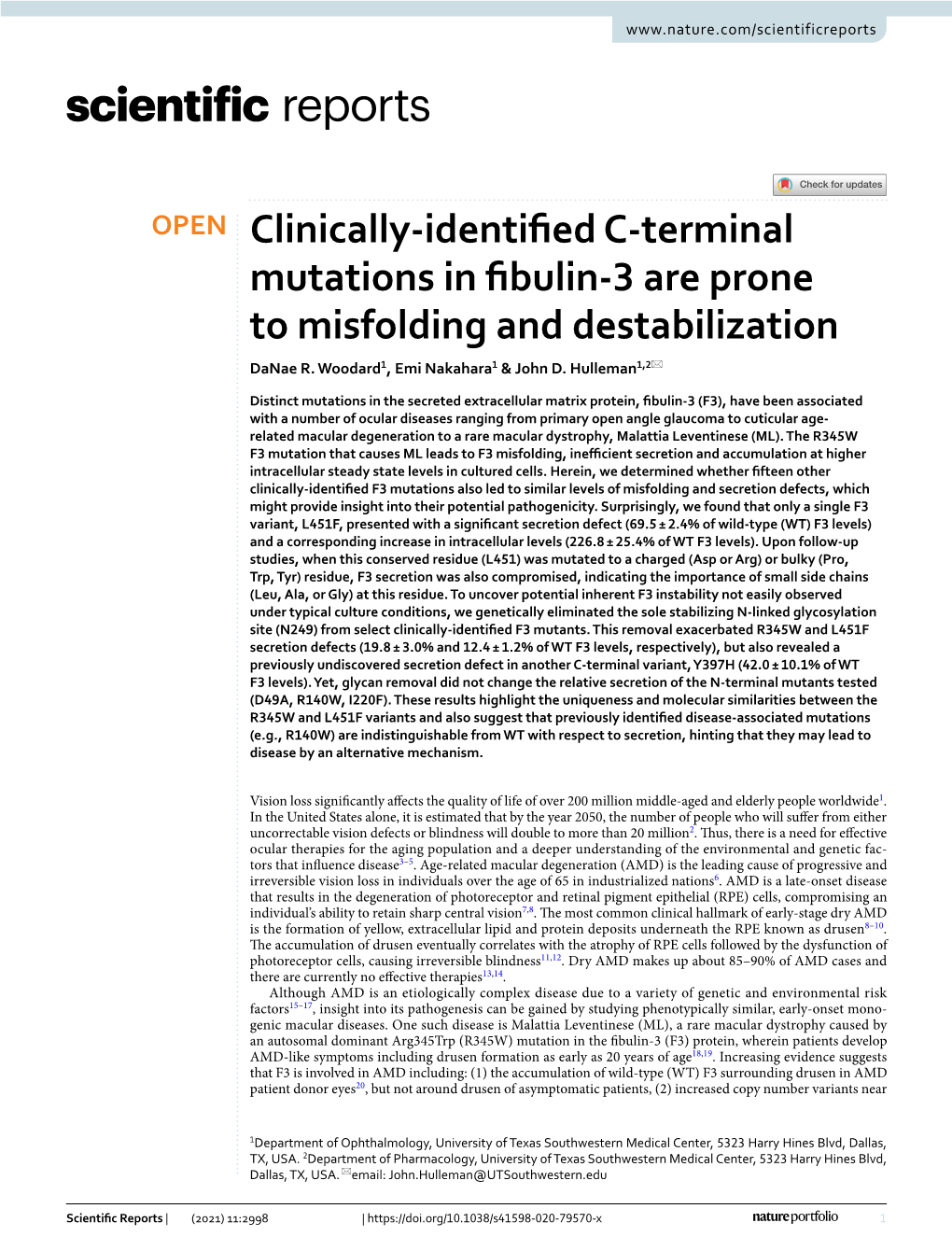 Clinically-Identified C-Terminal Mutations in Fibulin-3 Are Prone to Misfolding and Destabilization