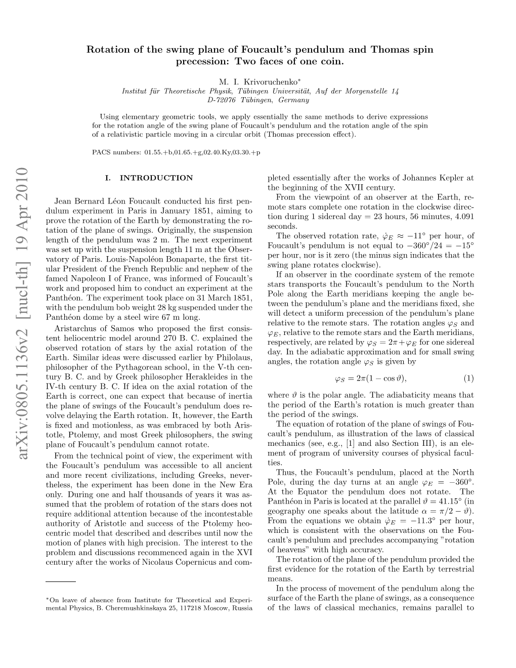 Rotation of the Swing Plane of Foucault's Pendulum and Thomas