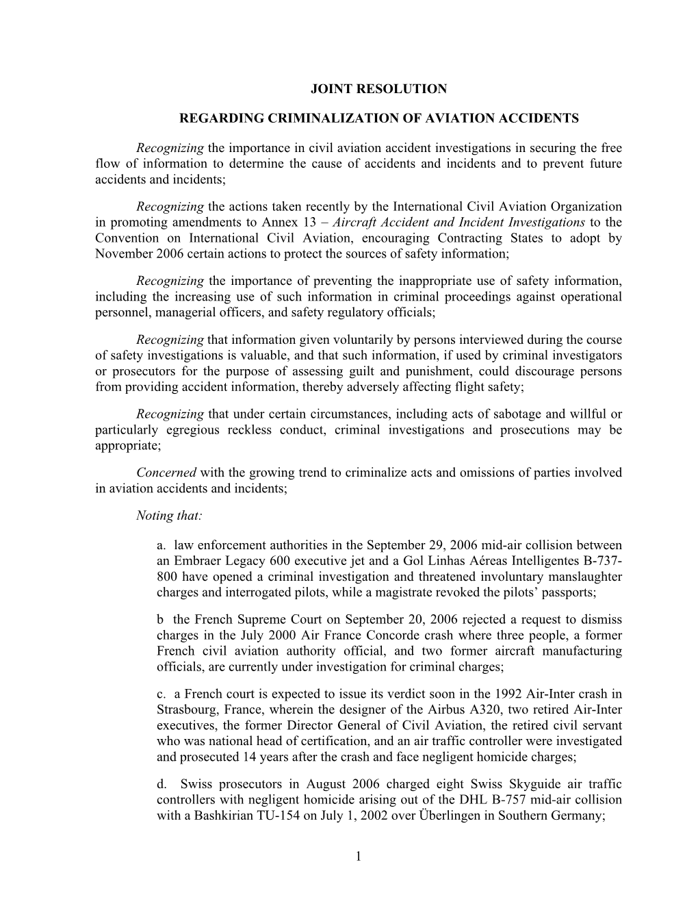 Joint Resolution Regarding Criminalization of Aviation Accidents