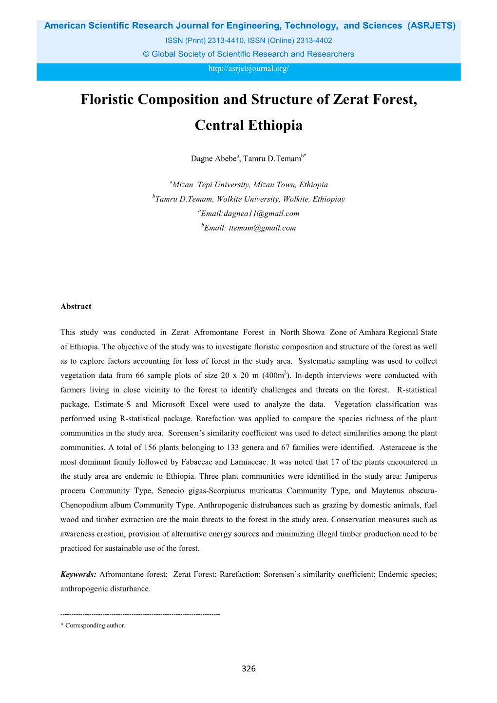 Floristic Composition and Structure of Zerat Forest, Central Ethiopia