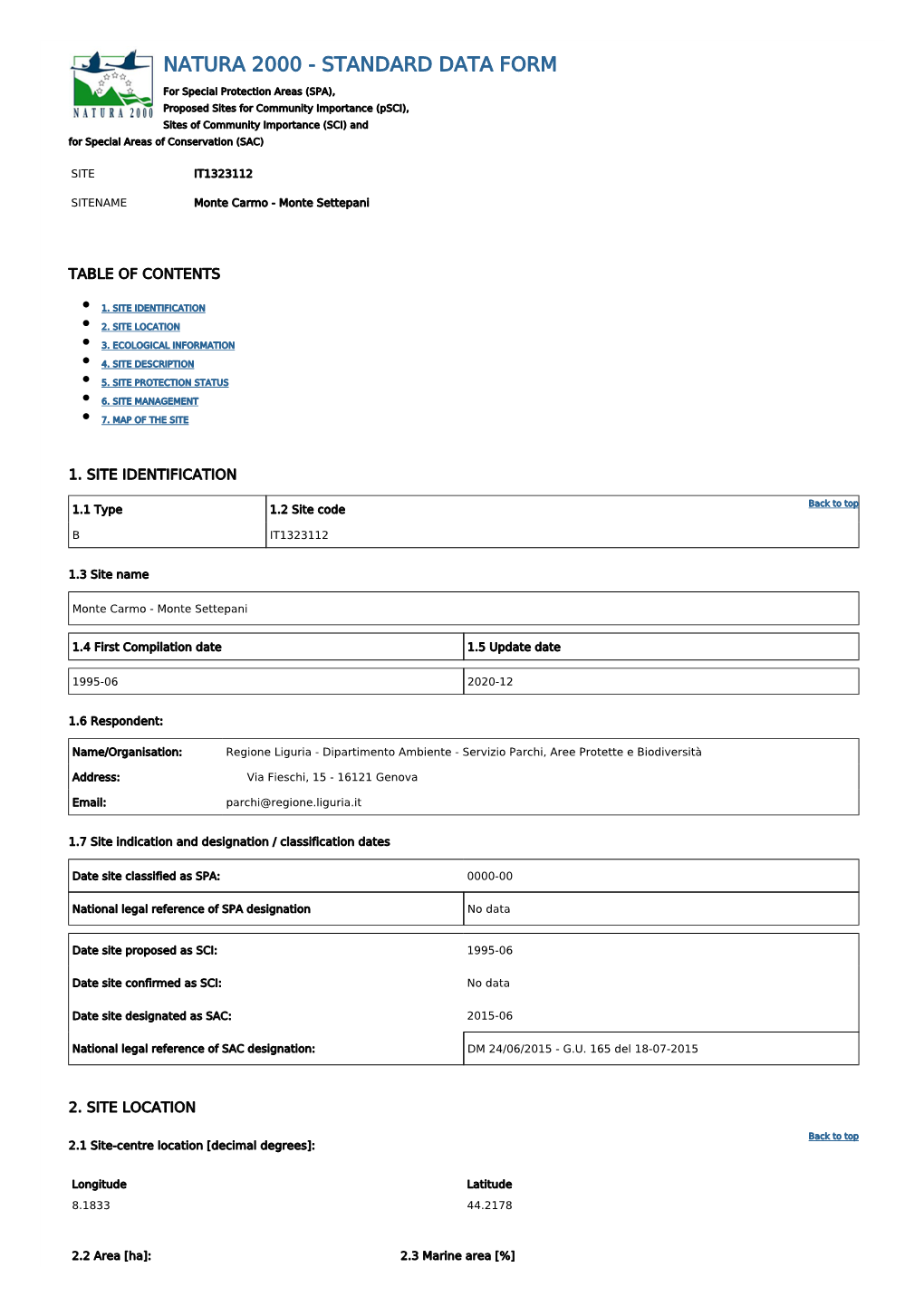 Natura 2000 - Standard Data Form