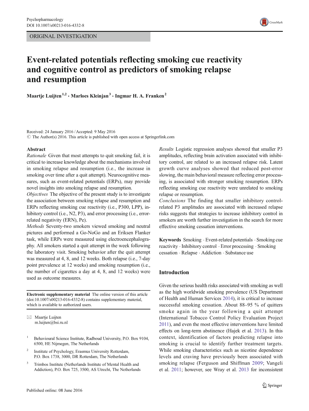 Event-Related Potentials Reflecting Smoking Cue Reactivity and Cognitive Control As Predictors of Smoking Relapse and Resumption