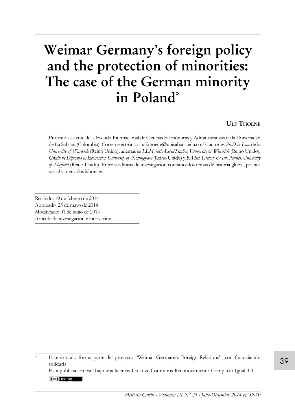 Weimar Germany's Foreign Policy and the Protection of Minorities