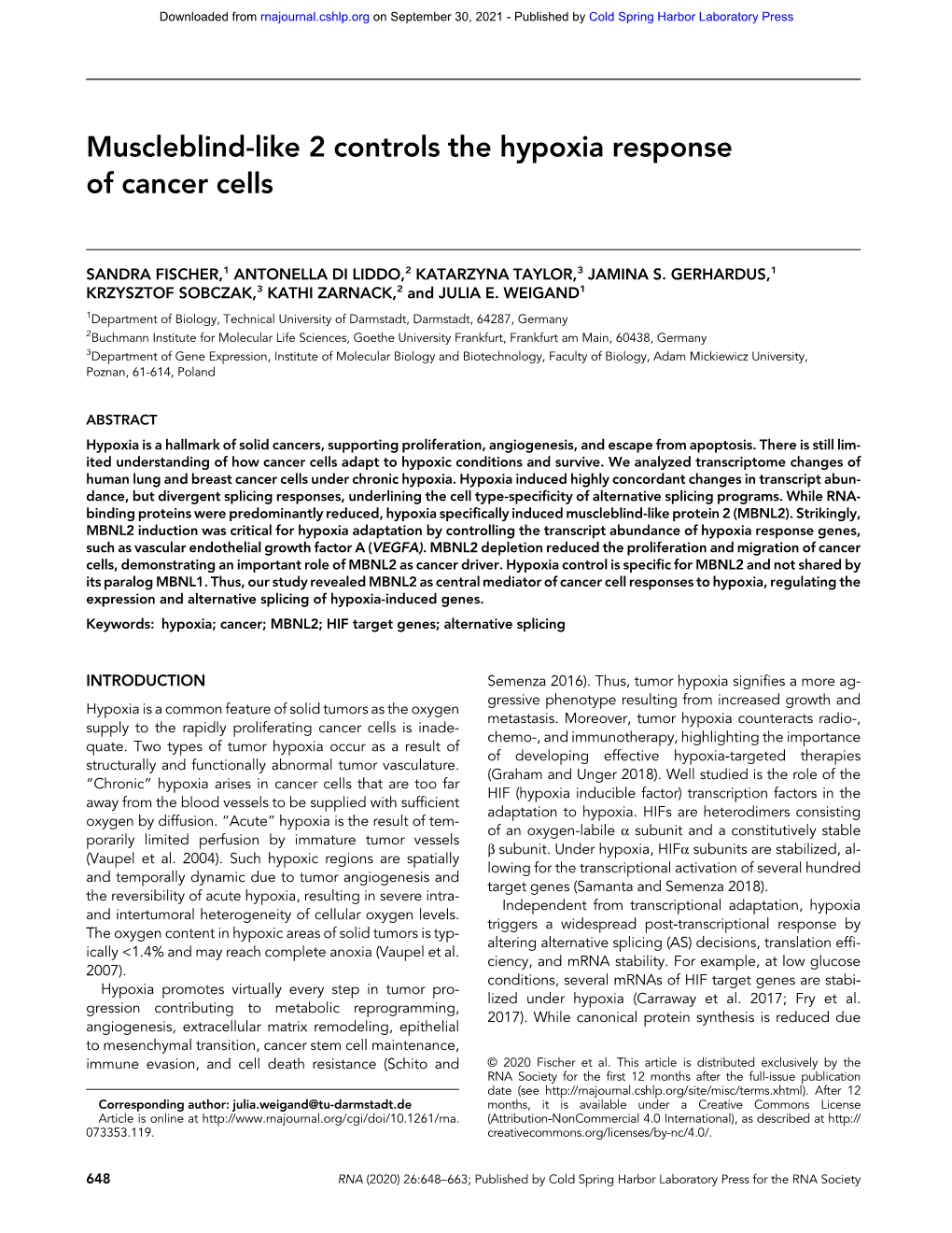 Muscleblind-Like 2 Controls the Hypoxia Response of Cancer Cells