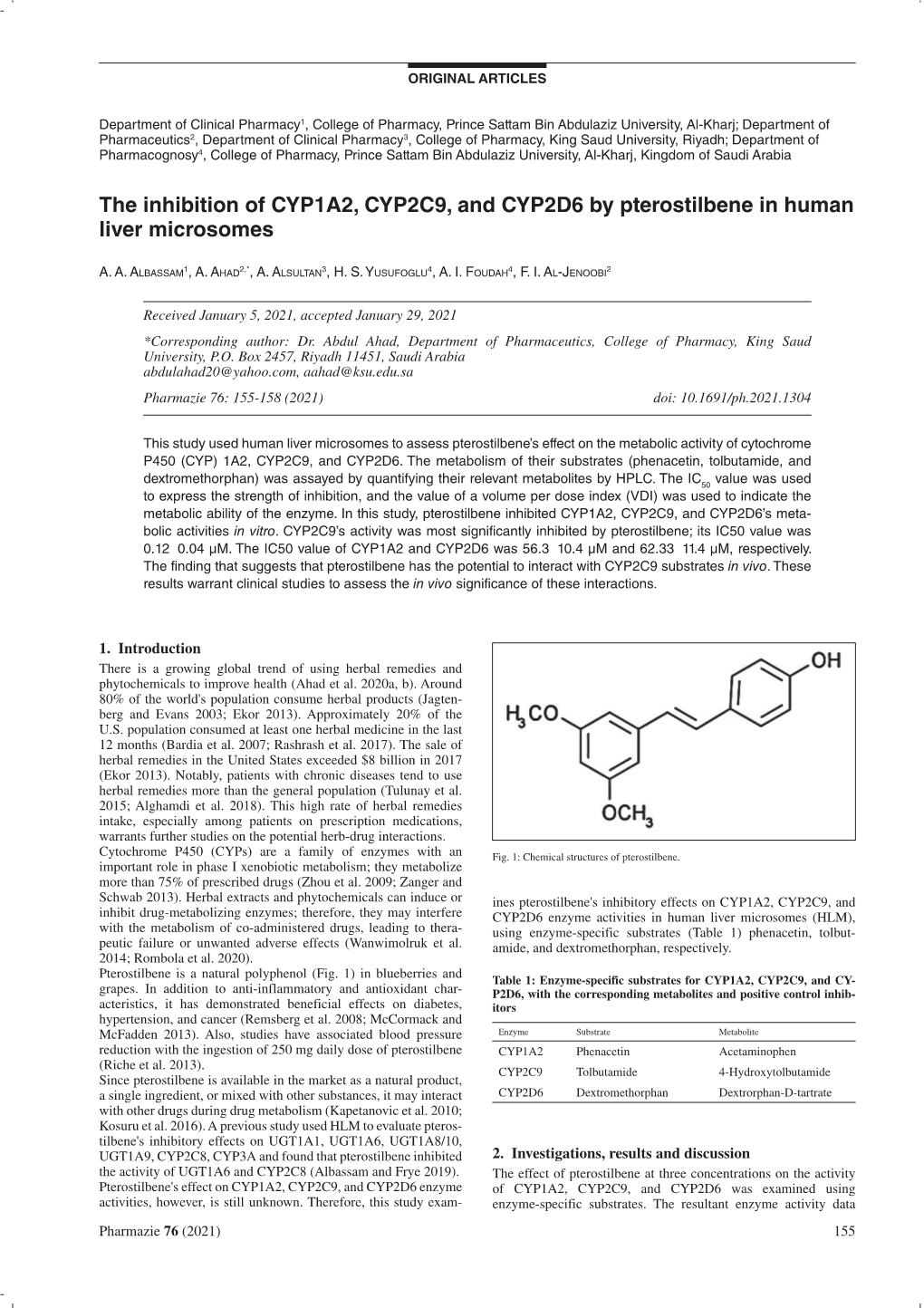 The Inhibition of CYP1A2, CYP2C9, and CYP2D6 by Pterostilbene in Human Liver Microsomes