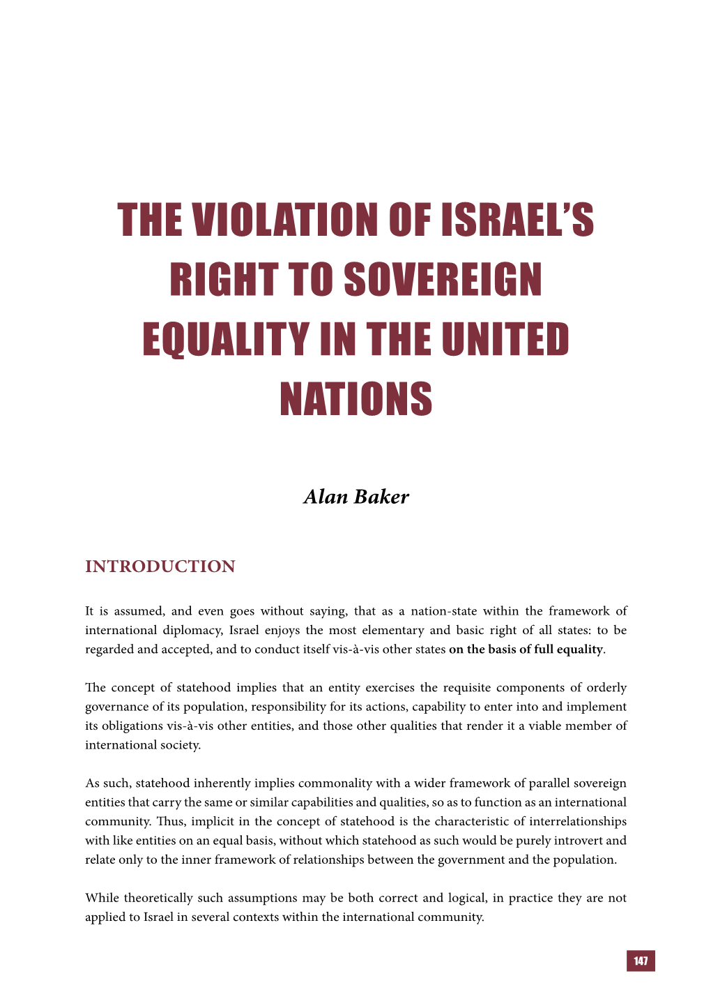 The Violation of Israel's Right to Sovereign Equality in the United