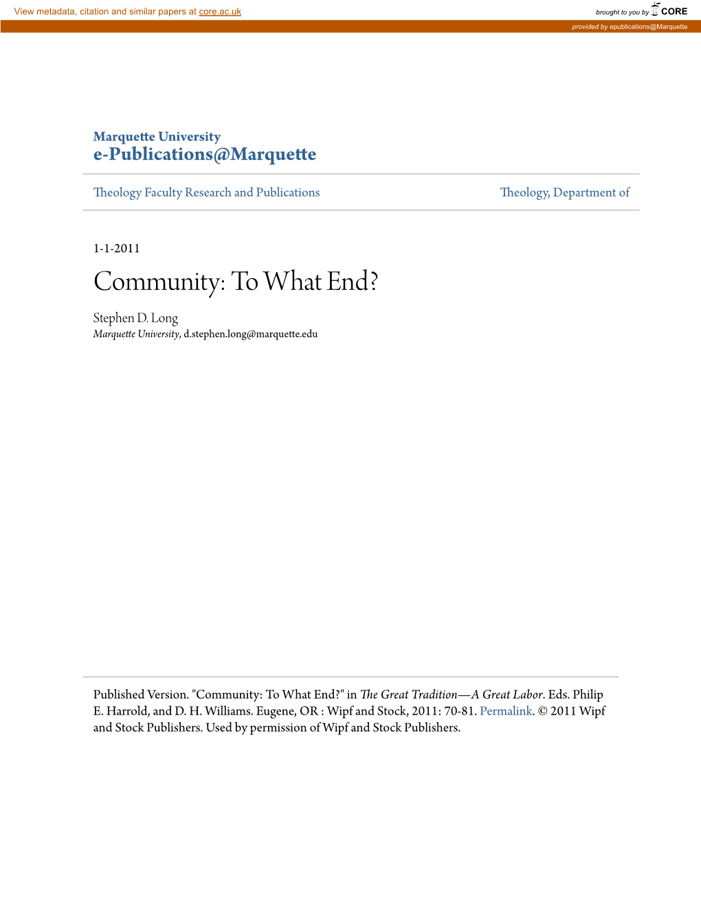 Community: to What End? Stephen D