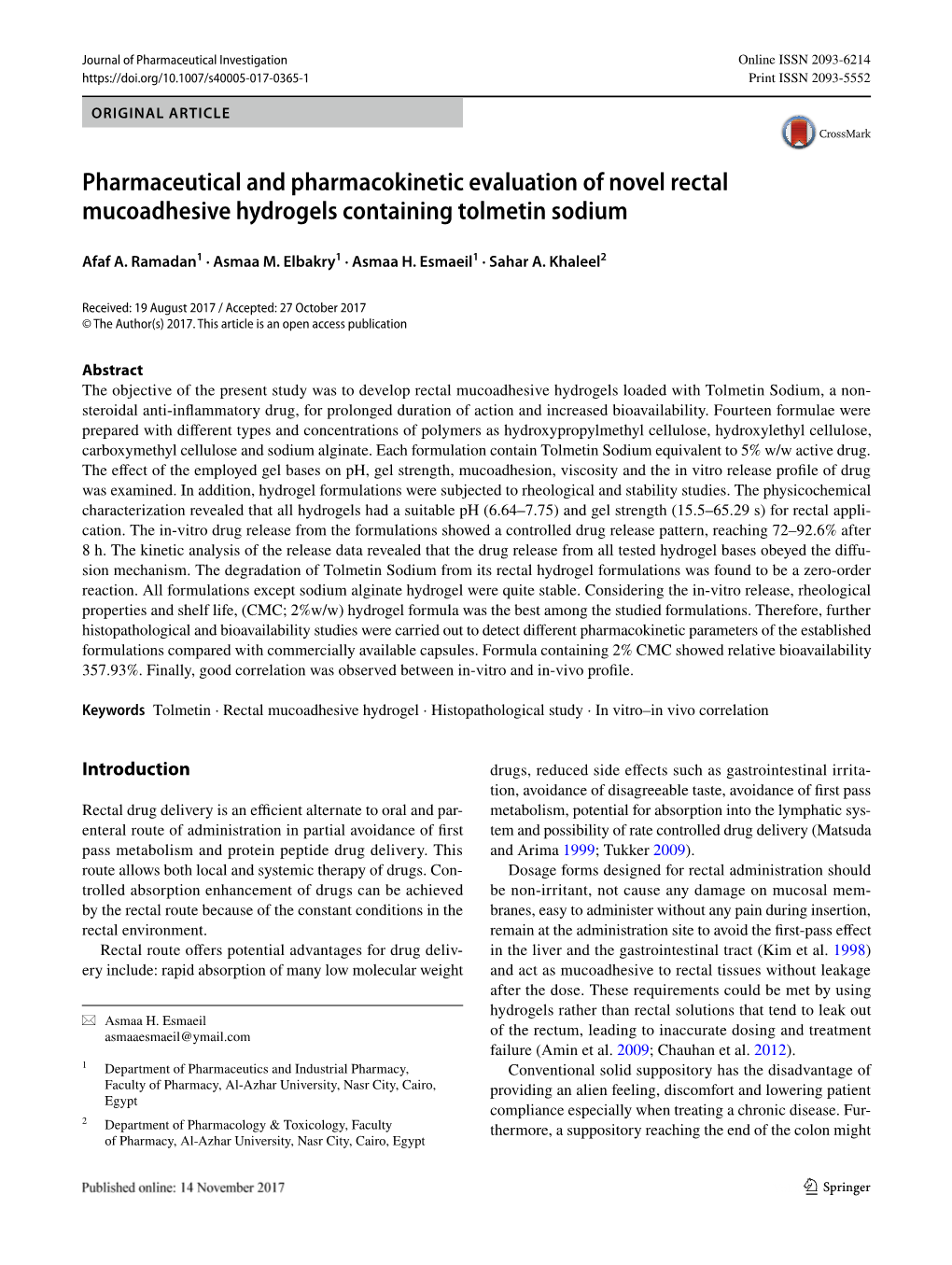 Pharmaceutical and Pharmacokinetic Evaluation of Novel Rectal Mucoadhesive Hydrogels Containing Tolmetin Sodium