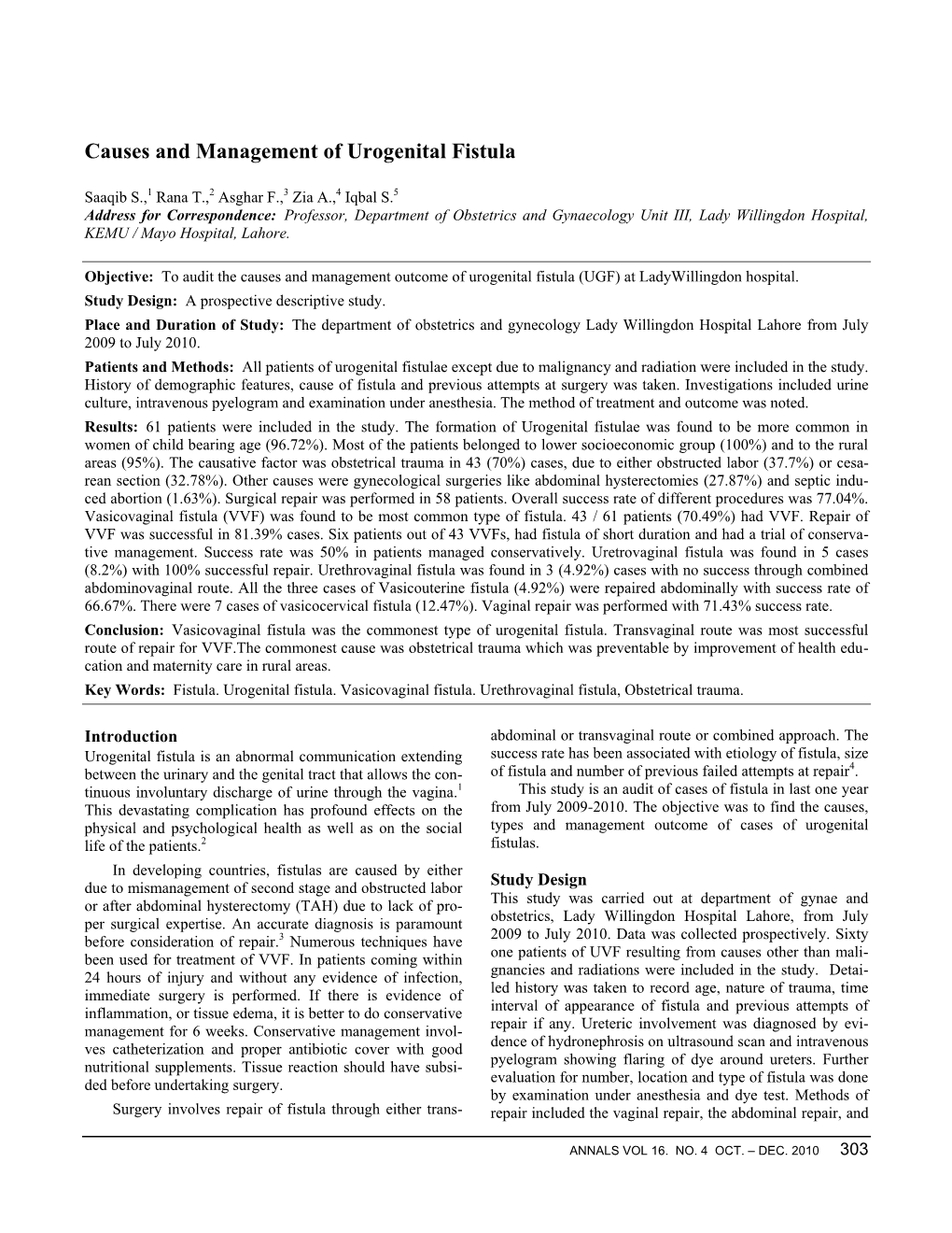Causes and Management of Urogenital Fistula