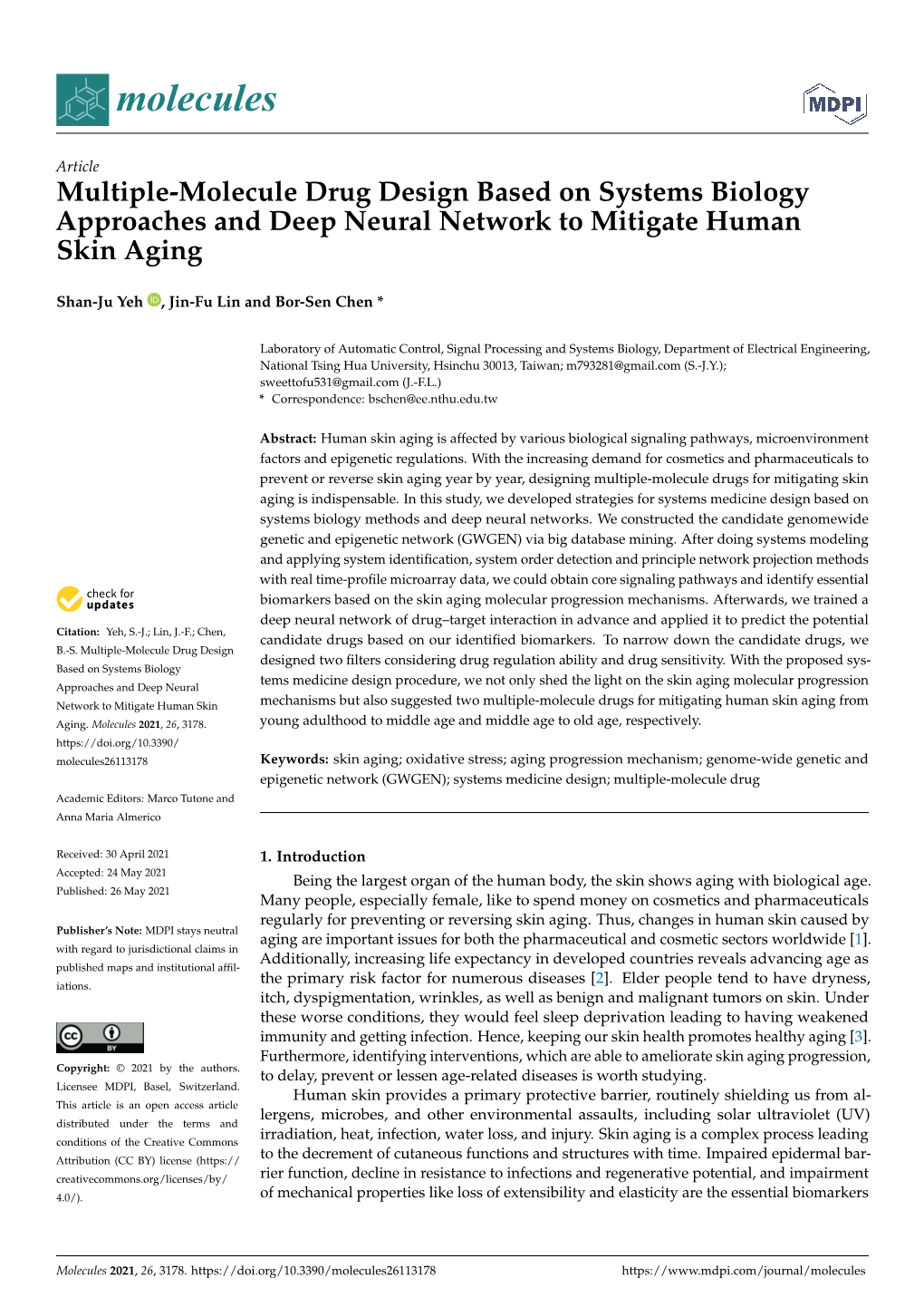 Multiple-Molecule Drug Design Based on Systems Biology Approaches and Deep Neural Network to Mitigate Human Skin Aging