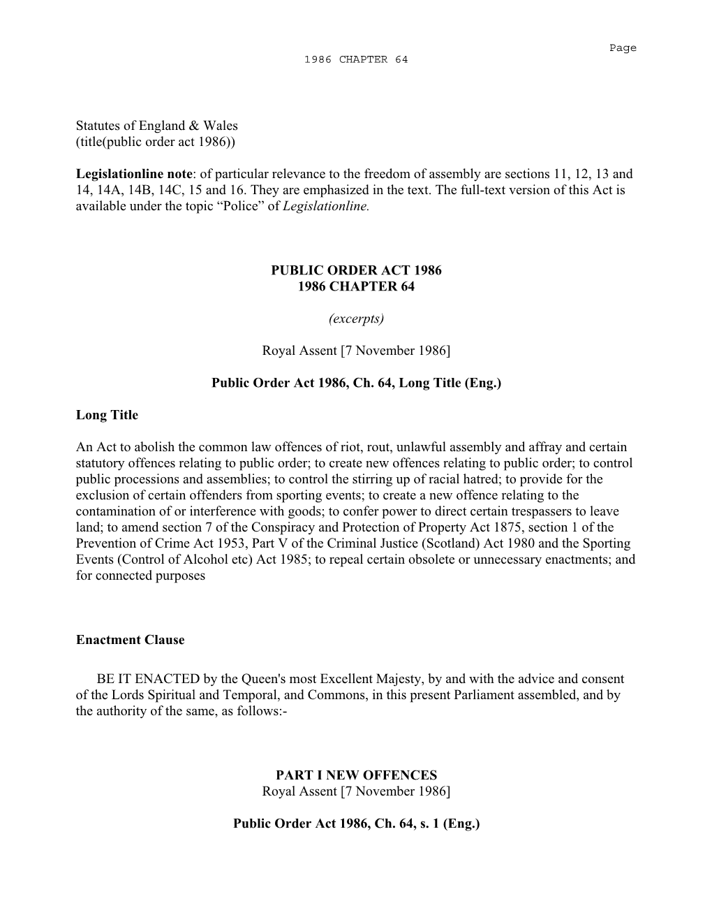 Statutes of England & Wales (Title(Public Order Act 1986)) Legislationline Note: of Particular Relevance to the Freedom Of