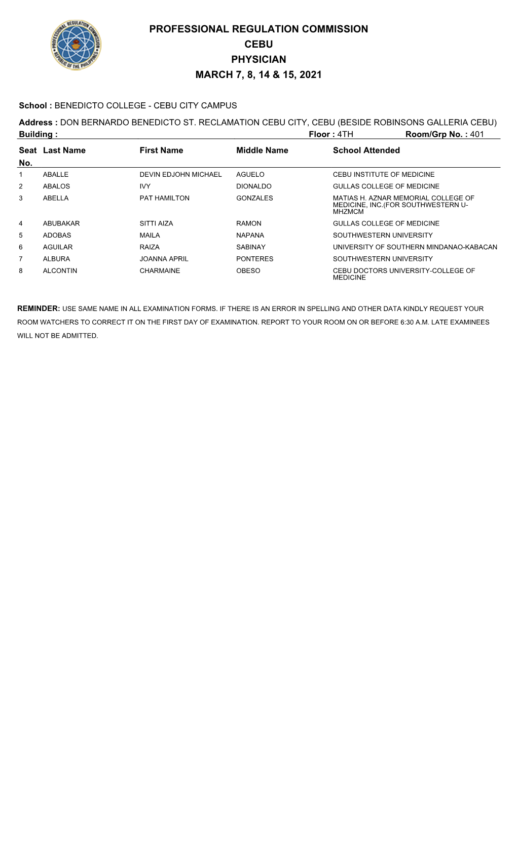 Professional Regulation Commission Cebu Physician March 7, 8, 14 & 15, 2021