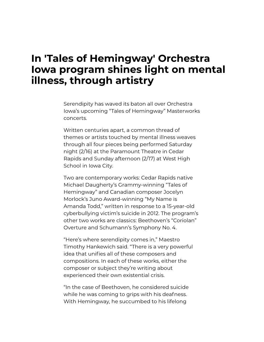 'Tales of Hemingway' Orchestra Iowa Program Shines Light on Mental Illness, Through Artistry
