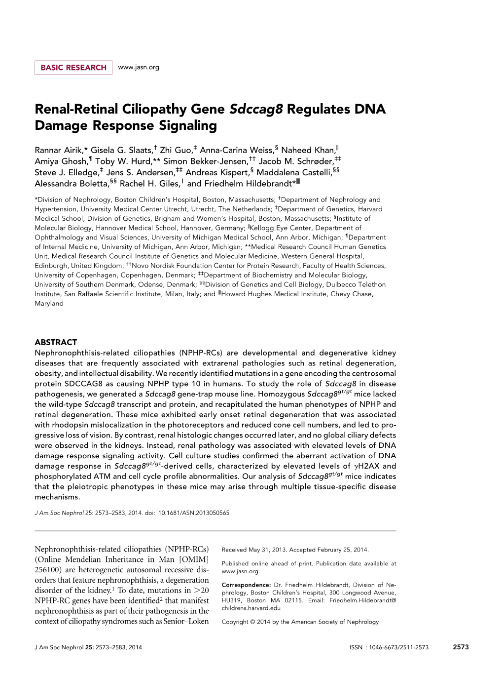 Renal-Retinal Ciliopathy Gene Sdccag8 Regulates DNA Damage Response Signaling