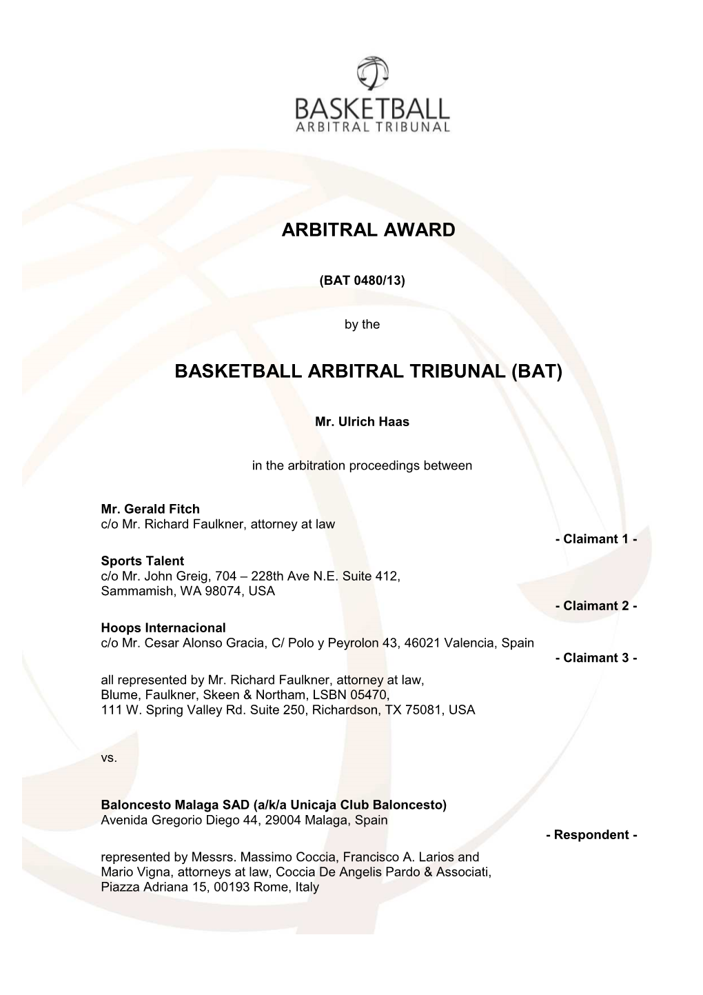 Arbitral Award Basketball Arbitral Tribunal (Bat)