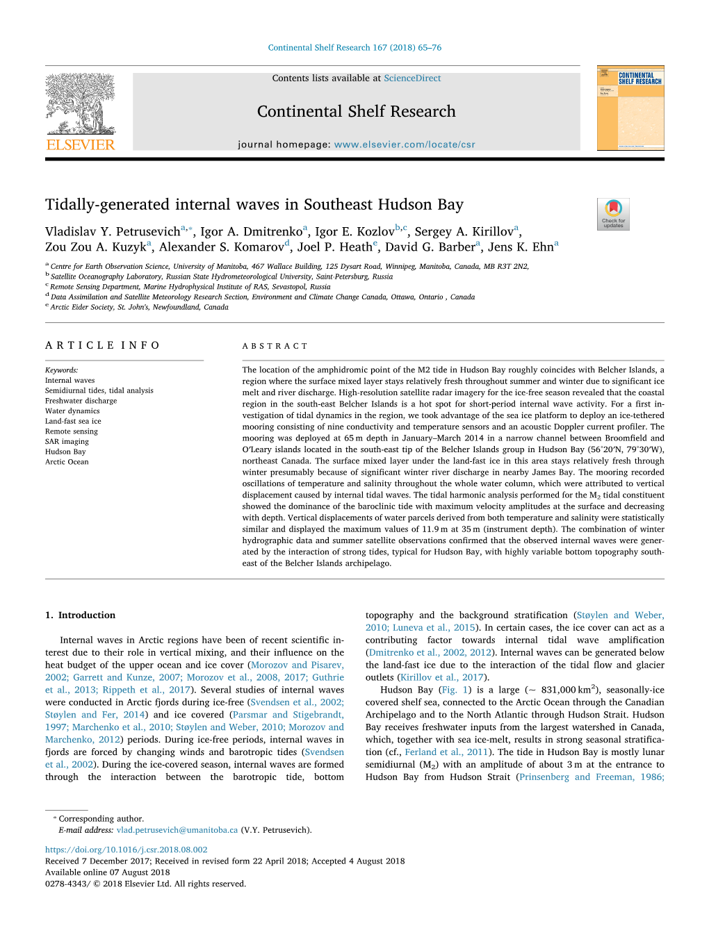 Tidally-Generated Internal Waves in Southeast Hudson Bay T ⁎ Vladislav Y